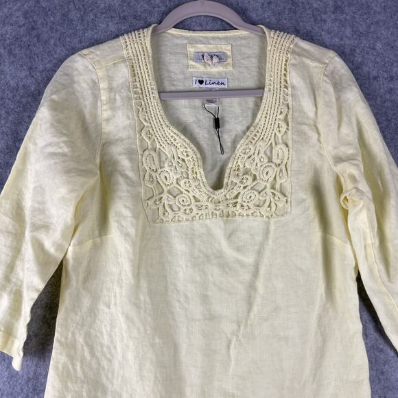 Malvin Germany I Love Linen Dress Womens Large Yellow Crochet Lagenlook Coastal - Picture 2 of 13